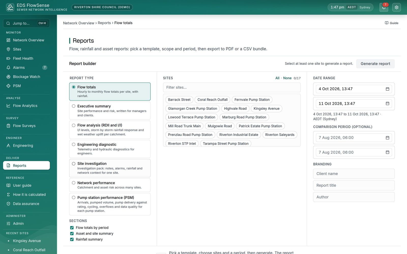 The FlowSense report builder: template, sections, sites and period, previewed before anything is exported.