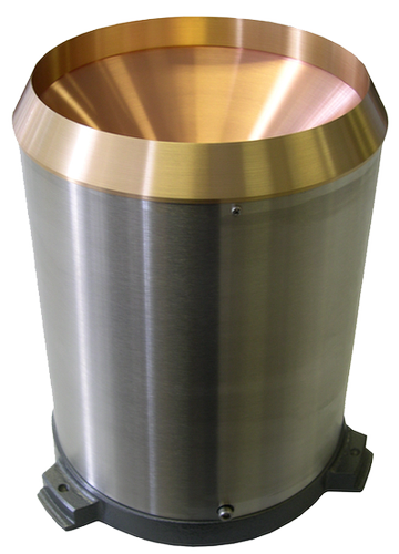A tipping bucket rain gauge: a stainless steel cylinder with a bronze funnel on a levelling base